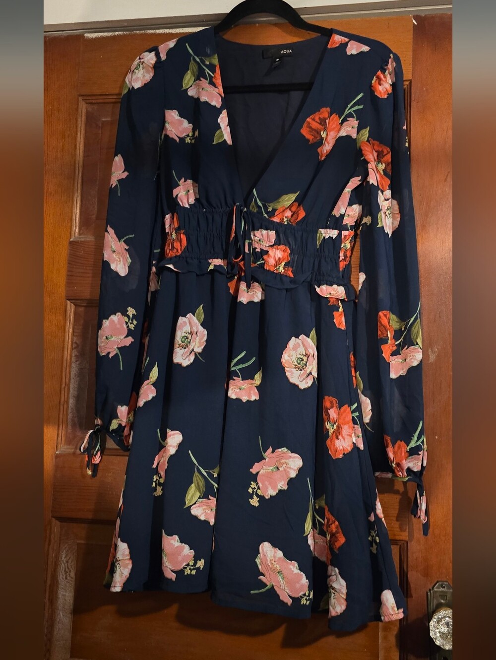 AQUA Navy Floral Long-Sleeve V-Neck Dress